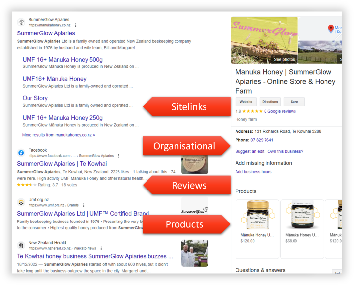 Image of Summer Glow Apiaries structured data as shown in the SERPs